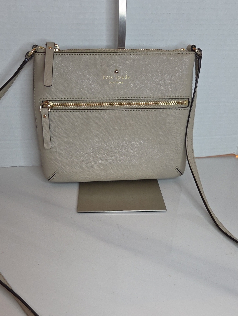 kate spade Saffiano Leather Crossbody in Light Taupe with Gold Hardware